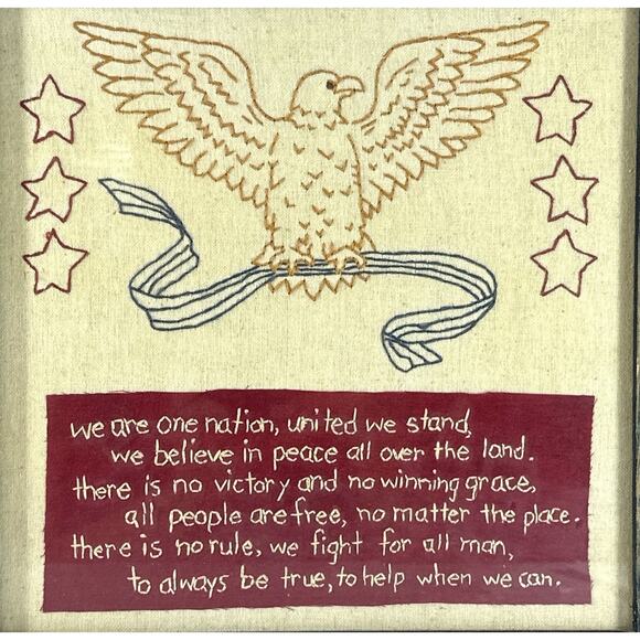Vintage Patriotic Embroidered Wall Art Eagle & Stars “We Are One Nation” USA - Picture 2 of 5